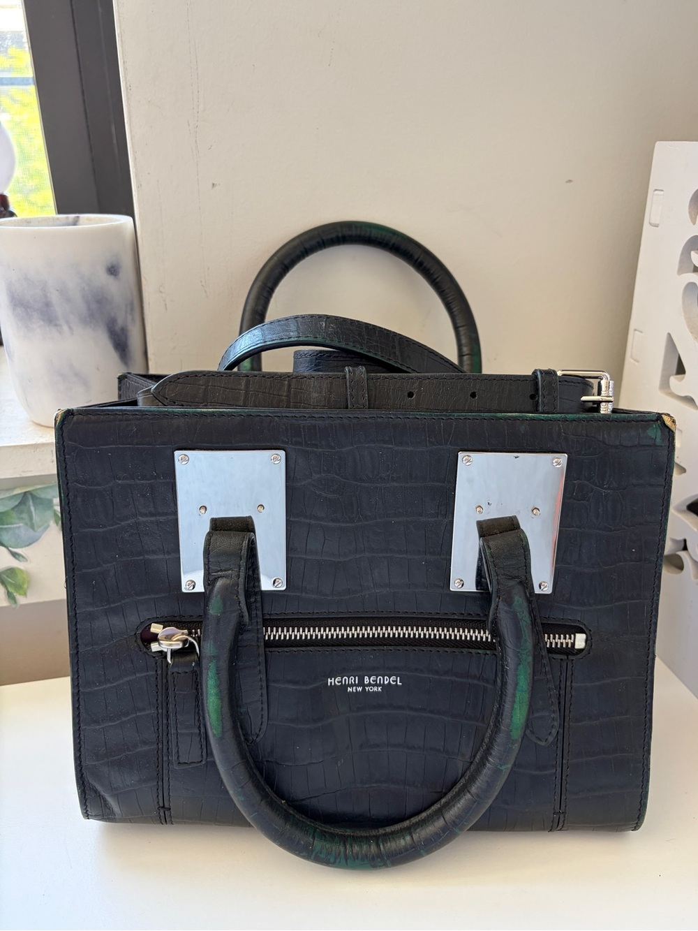 henri bendel Black Croc-Embossed Structured Top-Handle Bag